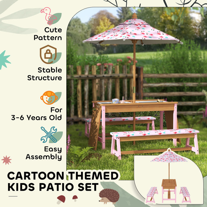 Kids Picnic Table Set with Foldable Umbrella Cushions Storage Boxes Flamingo Design Pink by AIYAPLAY