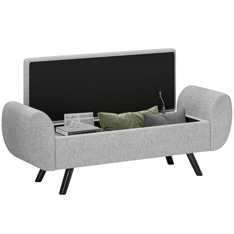 Dark Grey Upholstered Storage Ottoman Bench with Armrests and Rubberwood Legs by HOMCOM
