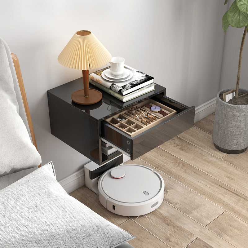 Floating Bedside Tables Set of 2 with Drawer and Shelf Space Saving High Gloss Black AOSOM