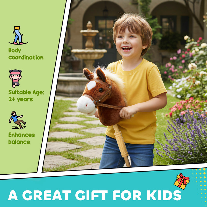 Stick Horse Toy with Real Neighing Sounds and Wooden Wheels for Kids Playtime, Brown AOSOM