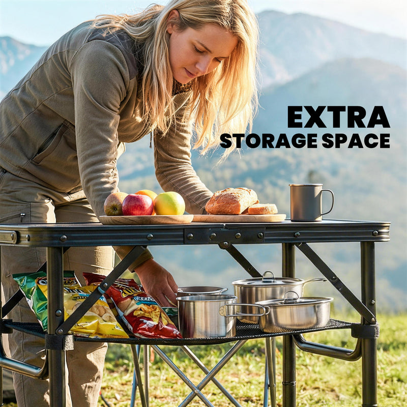 Folding Camping Table with Adjustable Height and Mesh Shelf for Picnics and BBQs Black