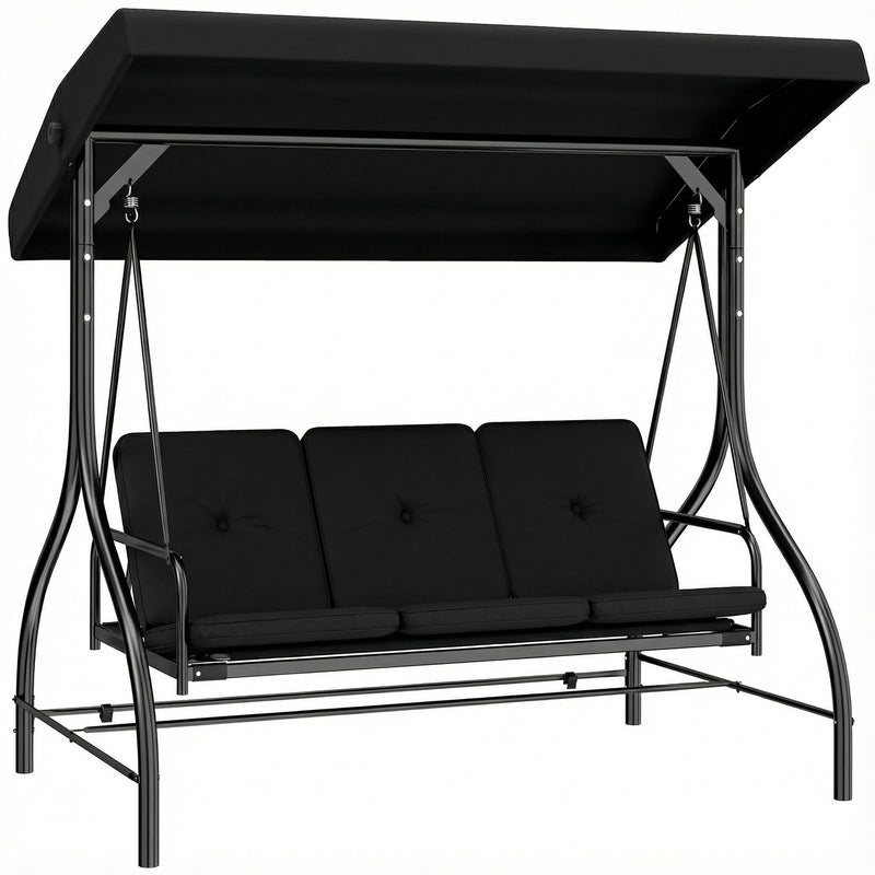 3 Seater Garden Swing Seat with Adjustable Canopy and Fold Flat Bed for Outdoor Relaxing Black