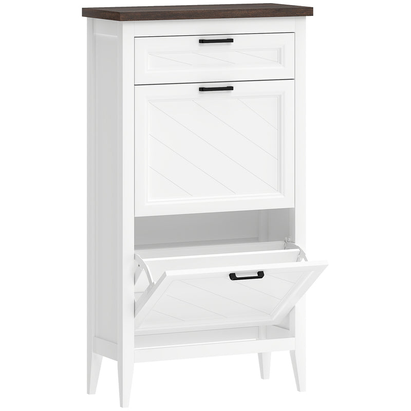 Slim Shoe Storage Cabinet for Narrow Hallways with Flip Drawers and Top Organiser White Homcom