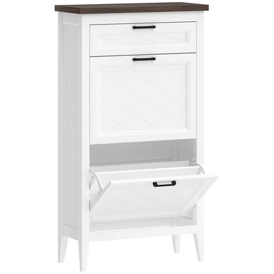 Slim Shoe Storage Cabinet for Narrow Hallways with Flip Drawers and Top Organiser White Homcom