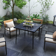 Black Square Garden Table for 4 with Marble Effect Glass Top and Steel Frame for Patio