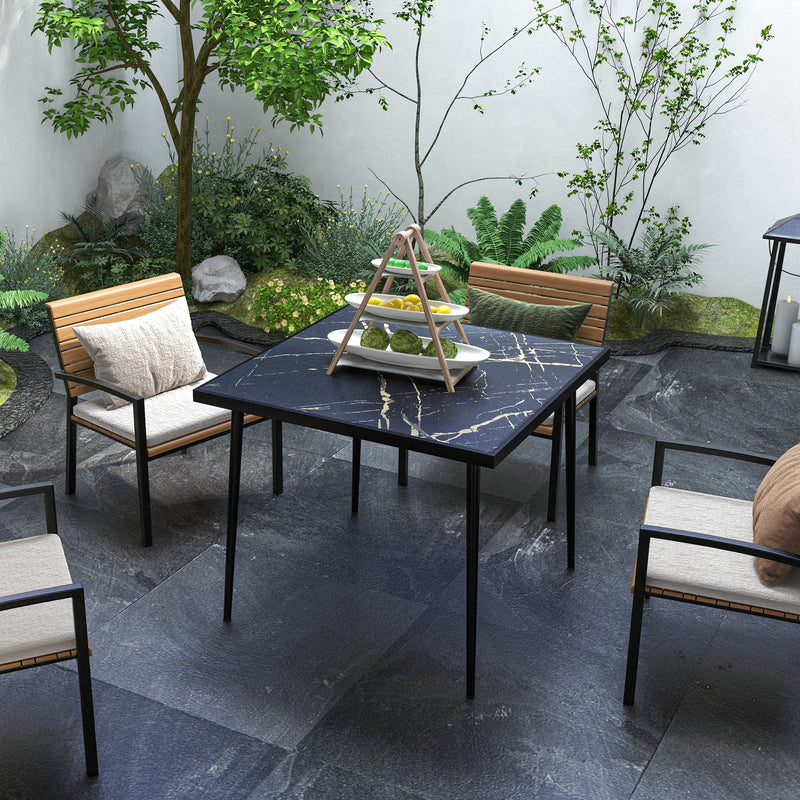 Black Square Garden Table for 4 with Marble Effect Glass Top and Steel Frame for Patio