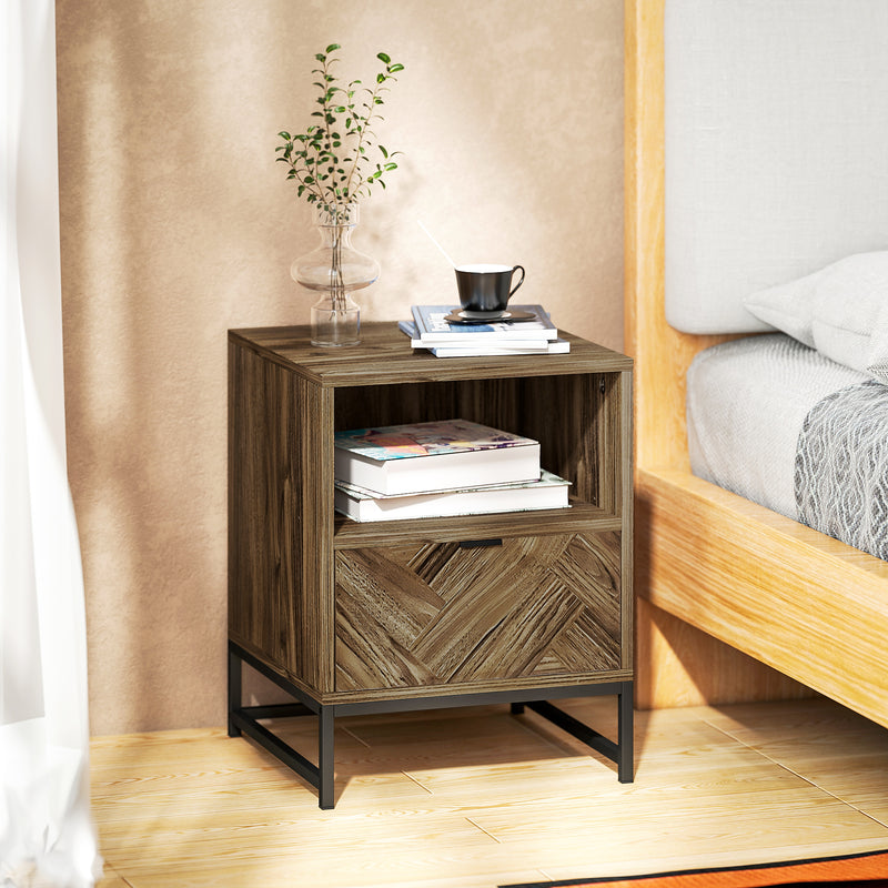 Bedside Table with Drawer and Storage Shelf for Bedroom or Lounge with Steel Legs, Brown