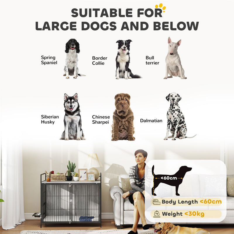 Large Dog Crate Furniture With Rotating Bowl Holder and Double Doors for Indoor Use, Grey