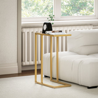 Gold C Shaped Tempered Glass Bedside Table with Steel Frame for Small Spaces