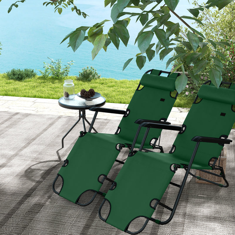 2 Pack Folding Sun Loungers with Adjustable Recline and Pillow for Garden or Camping Green AOSOM