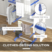 Four Shelf Folding Clothes Airer with Side Wings and Wheels for Indoor Drying, Blue