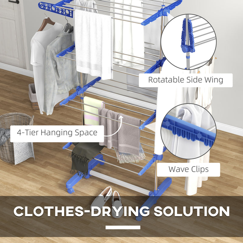 Four Shelf Folding Clothes Airer with Side Wings and Wheels for Indoor Drying, Blue