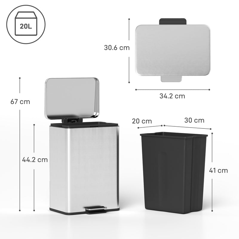 Stainless Steel 20L Pedal Kitchen Bin with Soft Close Lid and Removable Inner Bucket for Home