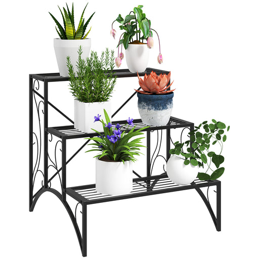 Black 3 Tier Metal Plant Stand for Indoor and Outdoor with Vintage Ladder Design by Outsunny