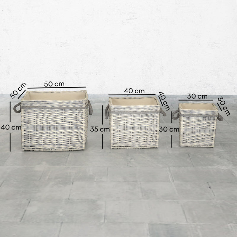 Set of 3 Round Log Baskets with Lining and Rope Handles for Fireside Storage