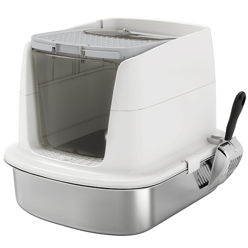 Large Stainless Steel Enclosed Cat Litter Box With Scoop Top Exit Design Grey