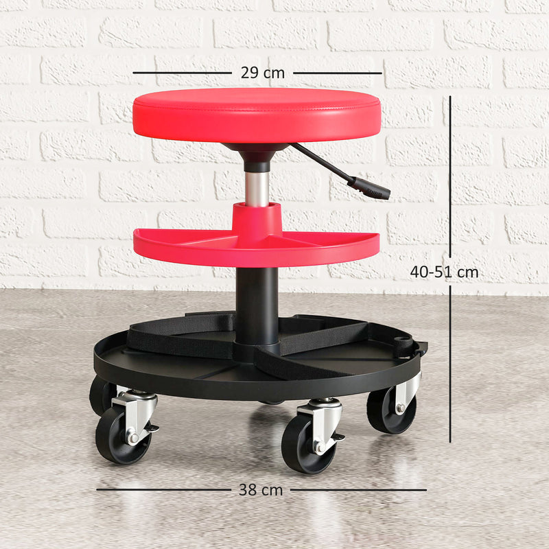 Mechanic Roller Stool with Adjustable Height and Tool Trays for Garage or Workshop Red AOSOM