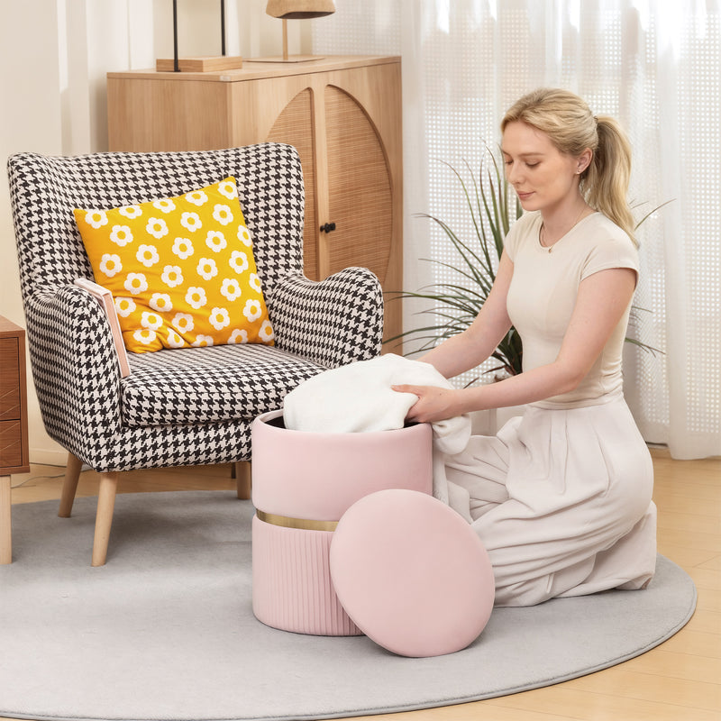 Velvet Storage Ottoman with Hidden Compartment for Bedroom or Living Room Pink AOSOM