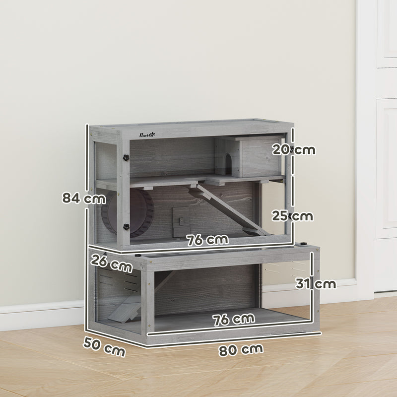 Wooden Hamster Cage With Wheel Ramps and Removable Panels for Small Pets Grey AOSOM