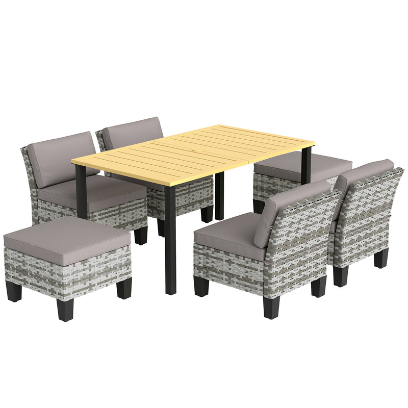 Grey 6 Seater Rattan Patio Dining Set with Cushions and Slatted Table by Outsunny