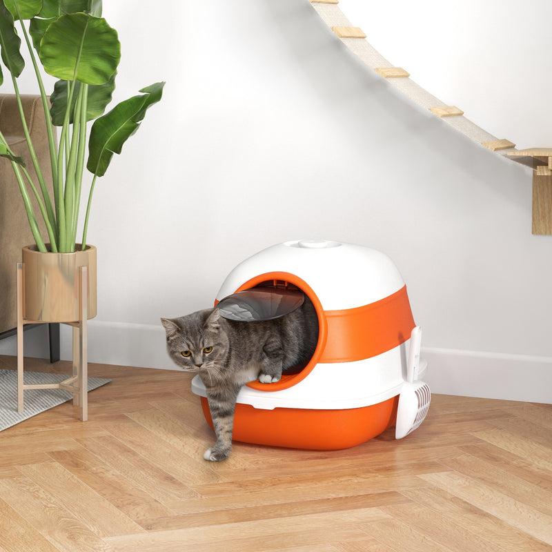 Foldable Cat Litter Tray with Lid Scoop and Deodoriser for Easy Cleaning, Orange