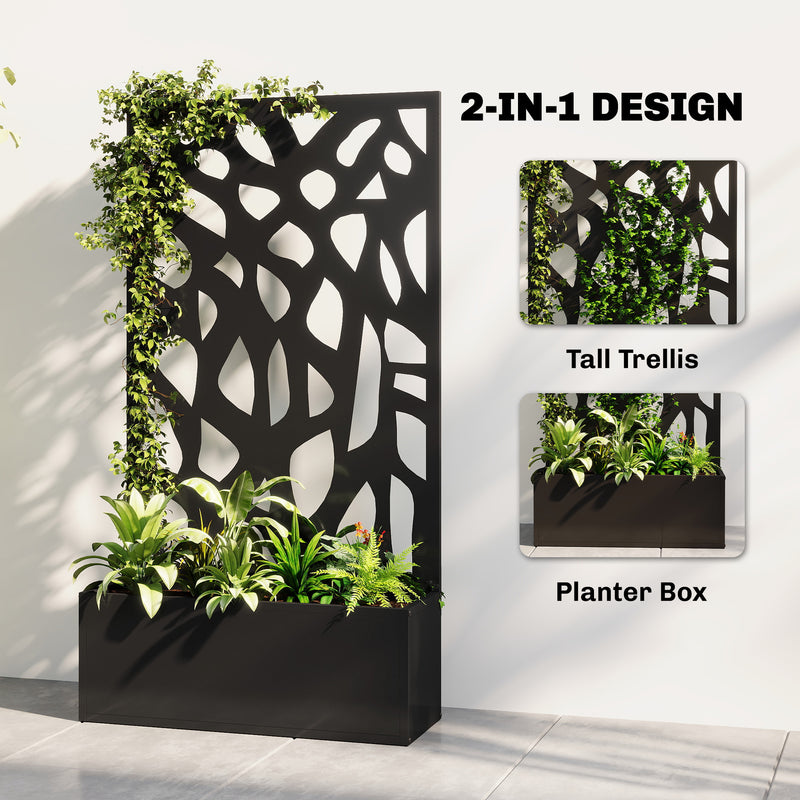 Raised Garden Bed with Trellis for Climbing Plants and Privacy Screen Black Outsunny