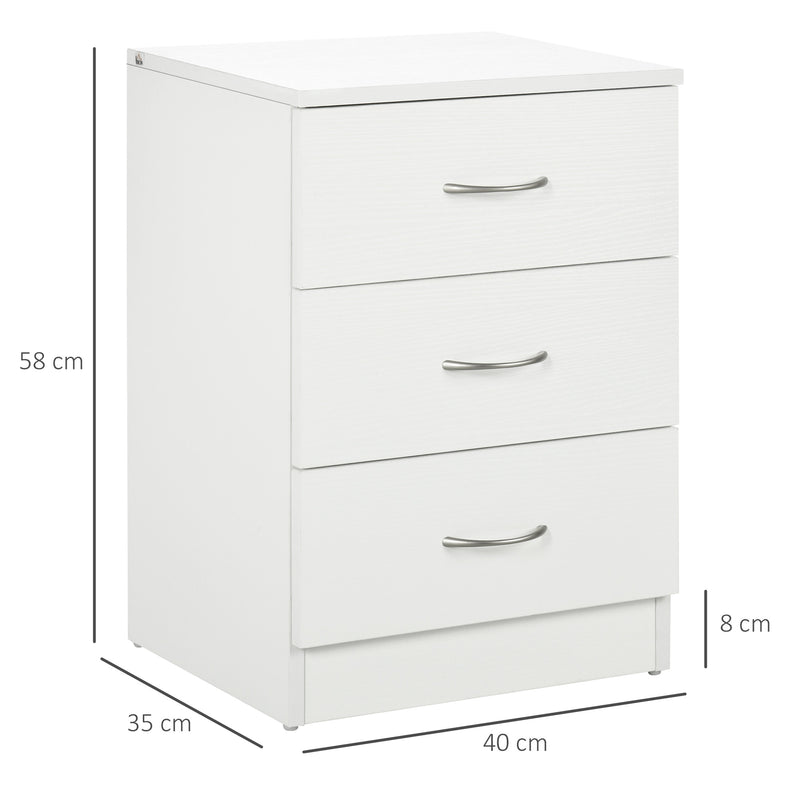 White 3 Drawer Bedside Table with Silver Handles by HOMCOM