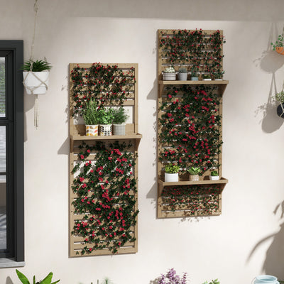 Set of 2 Wall Mounted Fir Wood Plant Stands With Trellis Shelves For Balcony Or Patio