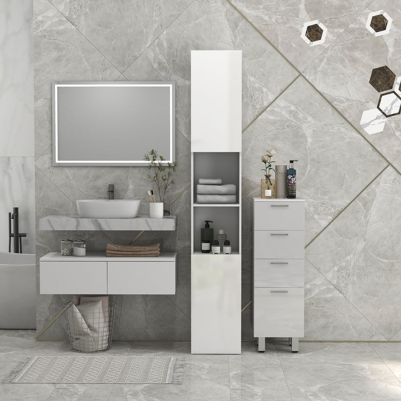 Tall Slim White High Gloss Bathroom Cabinet with Multi Storage by Kleankin