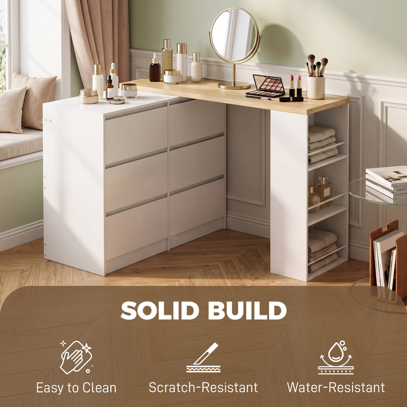 Dressing Table with 6 Drawers and 3 Shelves for Organised Bedrooms White Natural Wood Finish