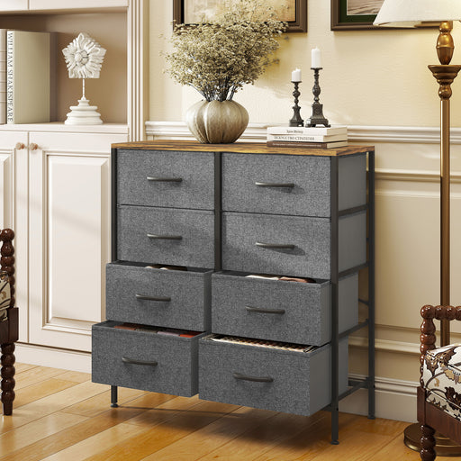 Industrial Chest of Drawers with 8 Fabric Storage Units and Wooden Top for Bedroom Rustic Brown and Grey