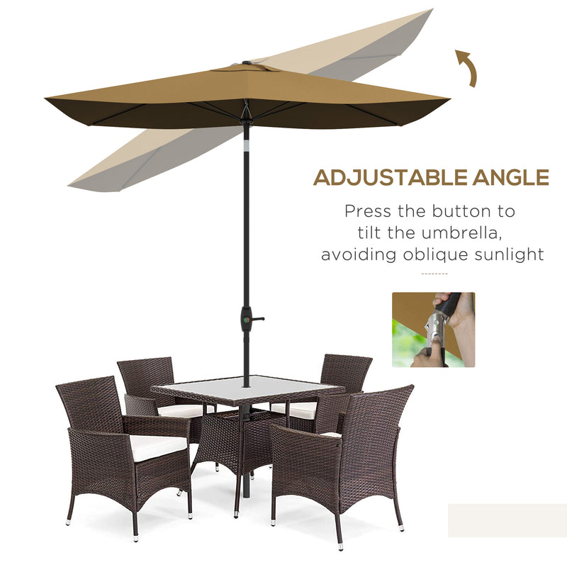 Brown 2 x 3m Rectangular Garden Parasol with Crank Tilt Aluminium Pole Sun Shade