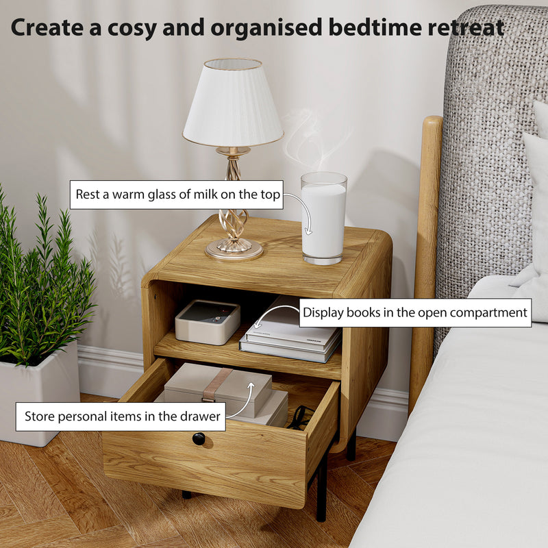 Bedside Table with Drawer and Open Shelf for Bedroom Storage Oak