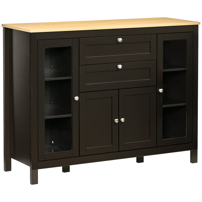 Buffet Sideboard Cabinet, Adjustable Shelves, Glass Doors for Organised Home Storage Oak Top, Black/Brown