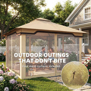 3.3 x 3.3m Metal Garden Gazebo with Mesh Sides for Shade and Insect Protection, Khaki Outsunny