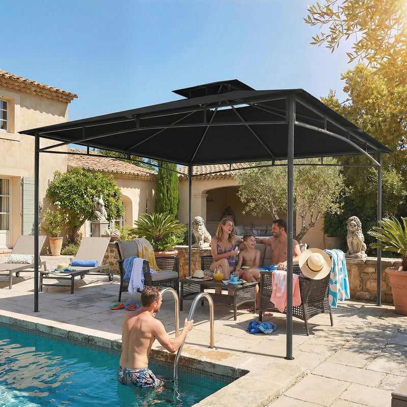 3x3m Metal Garden Gazebo with 2 Tier Canopy for All Weather Shelter and Gatherings, Black Outsunny