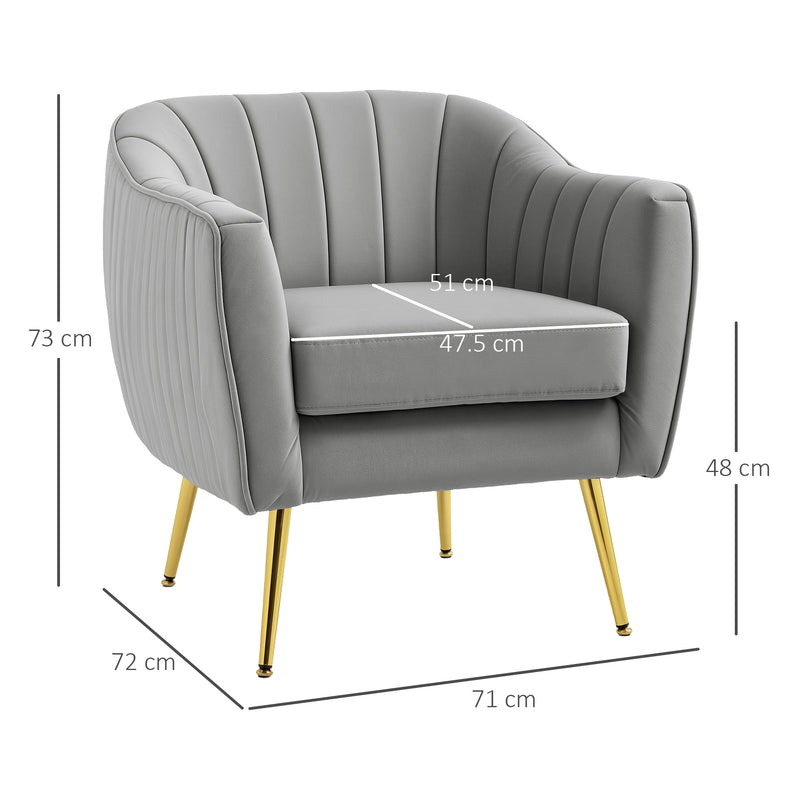 Grey Velvet Shell Back Accent Chair with Gold Legs and Padded Seat by HOMCOM