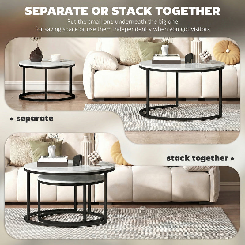 Round Nesting Coffee Tables For Living Room Marble Effect Tops With Steel Frame for Modern Homes Homcom