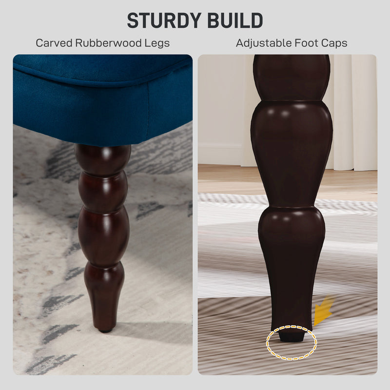 Dark Blue Velvet 2 Seater Wingback Sofa With Button Tufting And Wooden Legs For Living Room