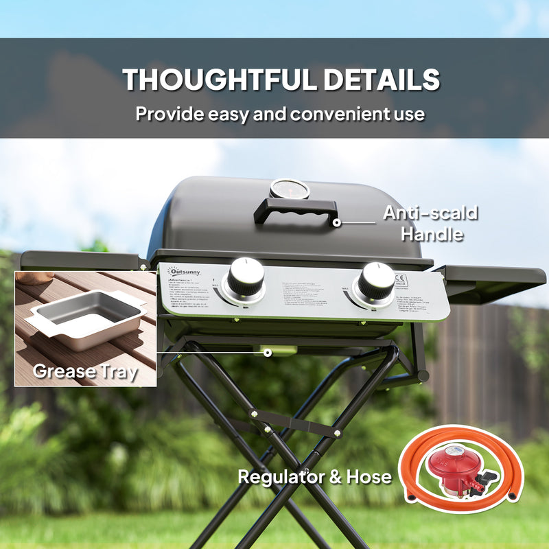 Foldable 2 Burner Gas BBQ Grill with Wheels and Thermometer Lid for Outdoor Cooking by Outsunny