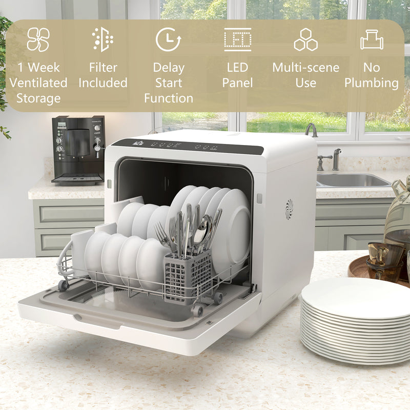 Compact Tabletop Dishwasher with 6 Wash Programs Ideal for Small Kitchens White