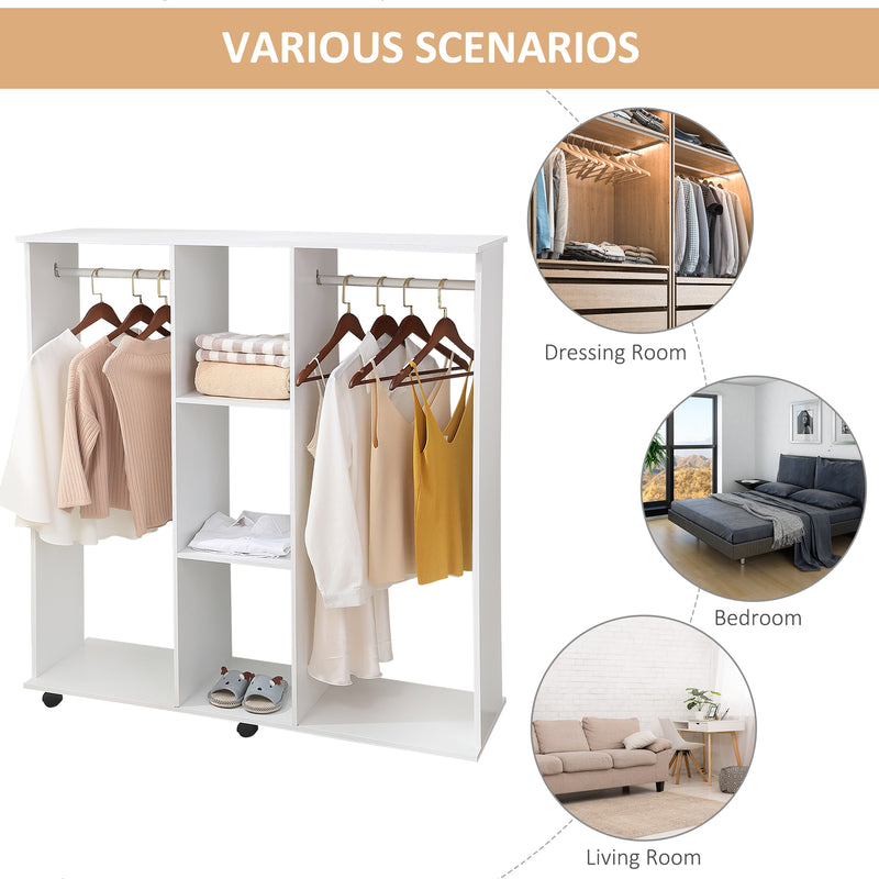 White Double Open Wardrobe With Shelves And 6 Wheels For Mobile Bedroom Storage