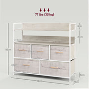 Rustic Chest of 5 Fabric Storage Drawers in Natural Wood Finish for Bedroom
