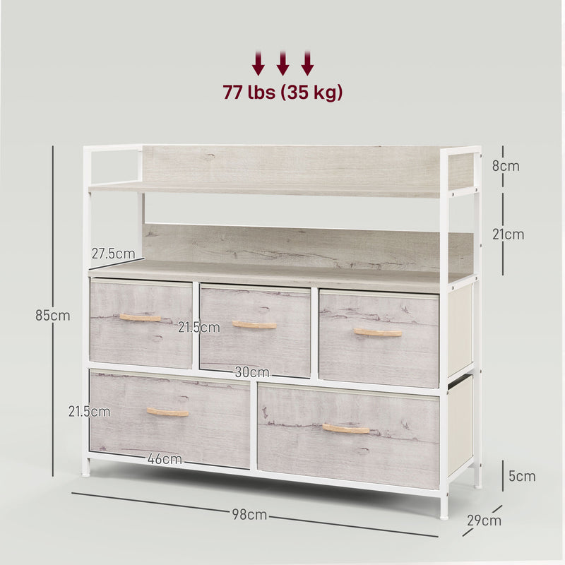 Rustic Chest of 5 Fabric Storage Drawers in Natural Wood Finish for Bedroom