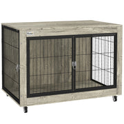 Grey Dog Crate Furniture with Wheels and Double Doors for Large Dogs 100 x 60 x 73.5cm by PawHut