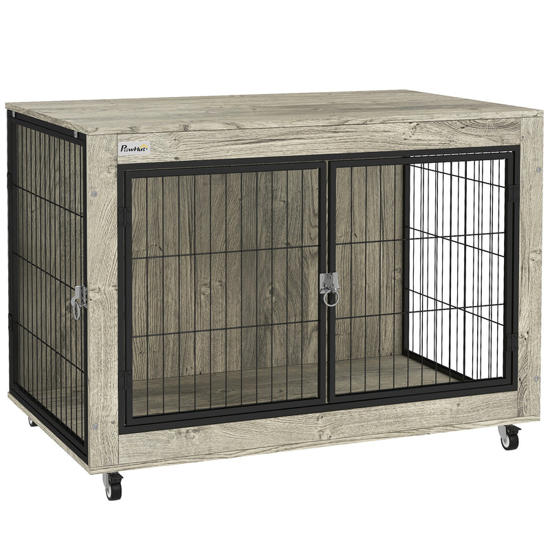 Grey Dog Crate Furniture with Wheels and Double Doors for Large Dogs 100 x 60 x 73.5cm by PawHut