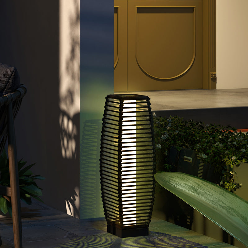 Brown Rattan Solar Floor Lamp 68cm Tall Auto LED Garden Light For Patio Or Pathway