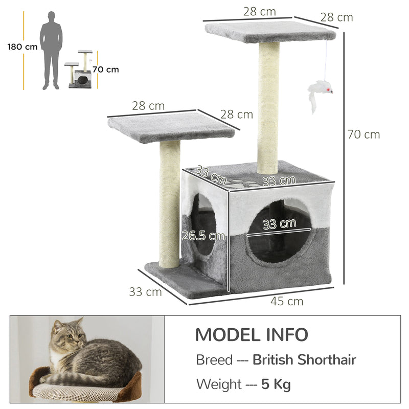 Multi Level Cat Tree with Sisal Scratching Posts Perches and Toy Mouse for Indoor Fun Grey