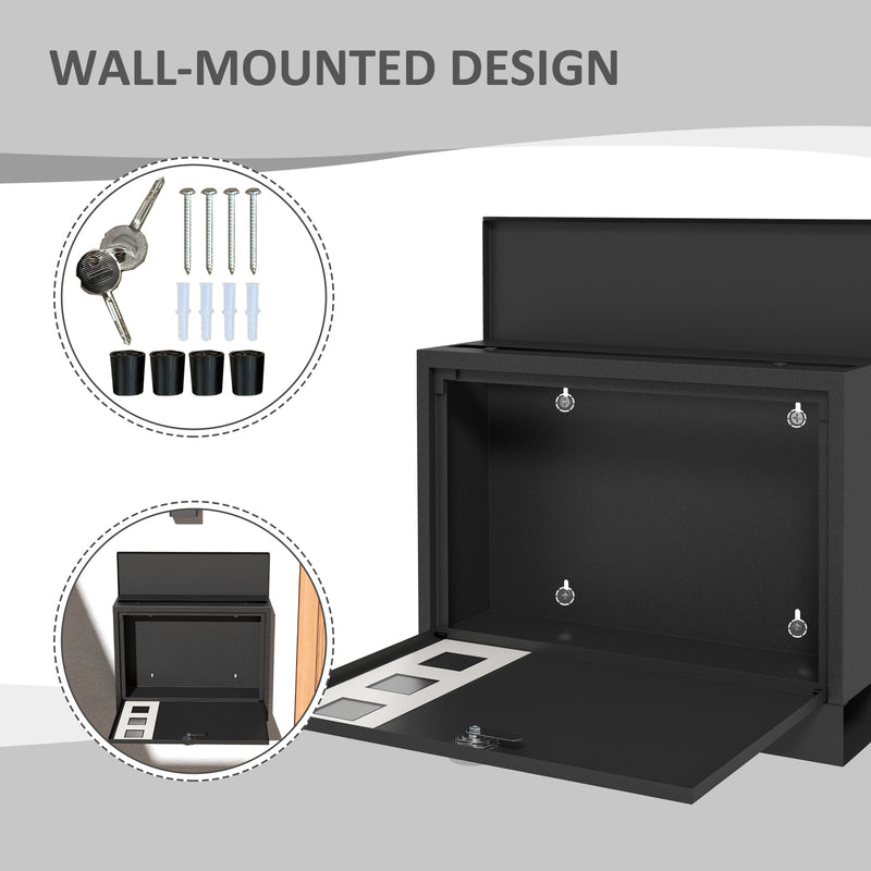 Wall Mounted Weatherproof Post Box with Viewing Windows and Lockable Door Easy Install, Black