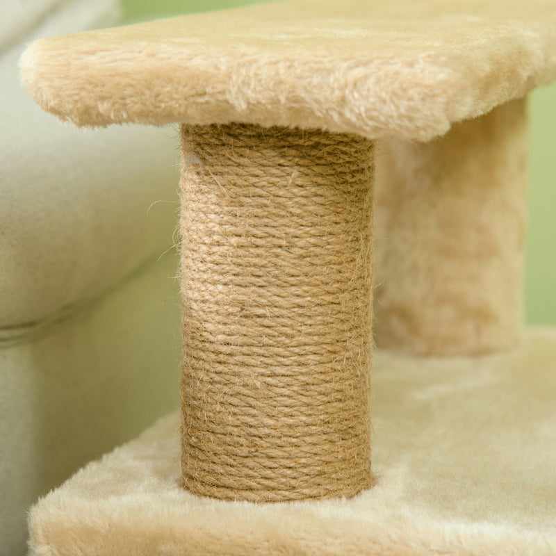 Beige Adjustable Cat Steps with House and Hanging Toy for Indoor Play by PawHut